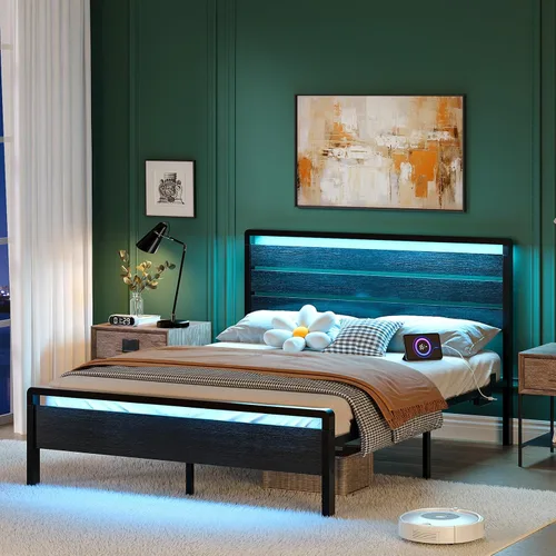Vista 14 de VINGLI Base de cama de plataforma individual con cabecero y estribo LED, estación de carga USB, cama de panel de metal con espacio de almacenamiento