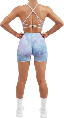 Vista 4 de SUUKSESS Conjuntos de entrenamiento sin costuras para mujer, sujetador deportivo con tiras y cintura alta, pantalones cortos