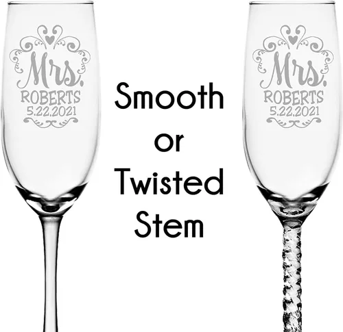 Vista 7 de Mr Mrs - Juego de 2 copas de champán con tallo retorcido para parejas, recién casados, novios, novios, novios, esposos, esposa, aniversario