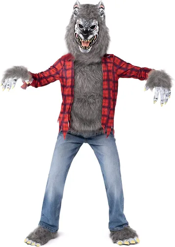 Vista 2 de Spooktacular Creations Disfraz de hombre lobo de Halloween para niños con máscara, guantes y zapatos para fiestas de disfraces de Halloween