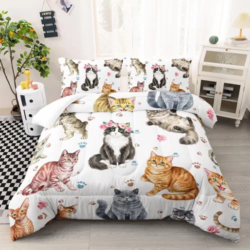 Vista 6 de AILONEN Juego de ropa de cama con estampado de gato en acuarela, tamaño individual con gatos y huellas para niños y niñas, juego de edredón suave