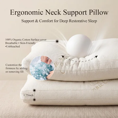 Vista 4 de Almohada estándar de algodón orgánico para dormir, con espuma viscoelástica triturada certificada CertiPUR-US, almohada ajustable con refuerzo