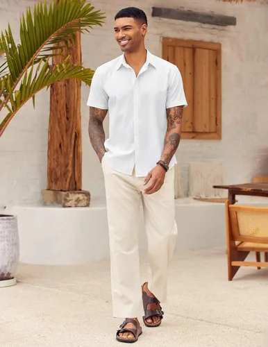 Vista 5 de COOFANDY Camisa casual de lino de manga corta con botones para hombre, para verano, playa, boda