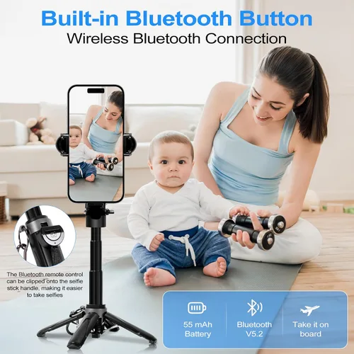 Vista 6 de Mini trípode 3 en 1, palo selfie para iPhone, trípode para iPhone con control remoto, trípodes de viaje ligeros para grabación de video selfie