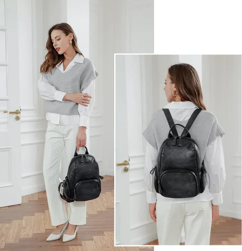 Vista 3 de Iswee Mochila de cuero retro para mujer, bolso pequeño, bonito antirrobo, casual, suave, mochila de viaje universitario, bolsa escolar, Negro