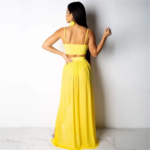 Vista 2 de Conjunto sexi de 2 piezas para mujer, camiseta corta de gasa con tirantes y cuello en V pronunciado, falda larga con abertura frontal, conjunto