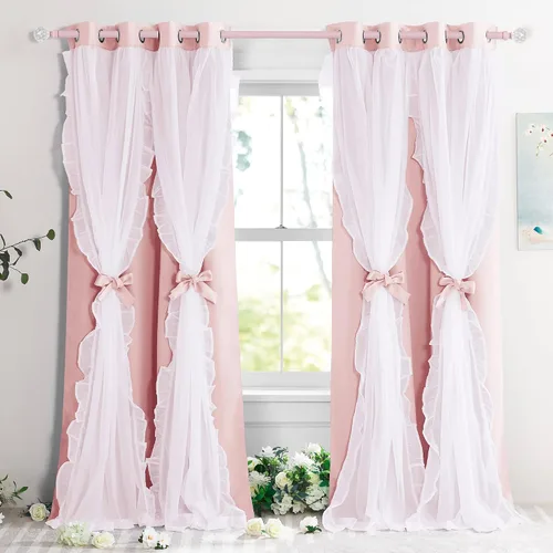 Vista 29 de PONY DANCE Cortinas con Volantes de Doble Capa con Superposición Transparente, Decoración Elegante para Ventanas de Diseño Rústico Francés de Campo