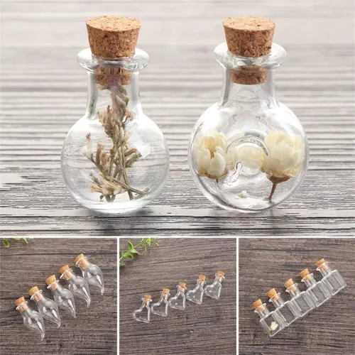 Vista 6 de 25 mini botellas de vidrio con tapas de corcho, 5 formas clásicas, pequeños frascos de vidrio, botellas de deseos, pequeños frascos decorativos