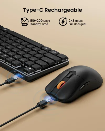 Vista 8 de ProtoArc KM310 Teclado mecánico y ratón, teclado inalámbrico recargable de aluminio, 2.4G+Bluetooth dual, interruptores rojos lineales Negro