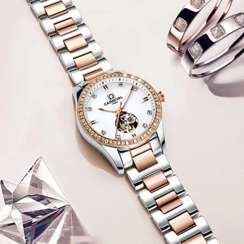 Vista 4 de CARNIVAL Reloj mecánico automático de zafiro sintético para mujer, oro rosa, acero inoxidable, zafiro, resistente al agua, blanco