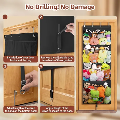 Vista 7 de Woodoulogy Almacenamiento de Animales de Peluche Colgante, Organizador Grande de Juguetes de Felpa Sobre la Puerta con Gancho de Metal, Soporte