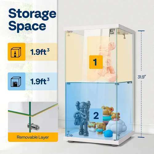 Vista 3 de VIVOHOME Gabinete de exhibición de vidrio de 2 capas con cerradura, 15.7" x 15.7" x 31.9" (ancho x profundidad x altura), vidrio templado, base