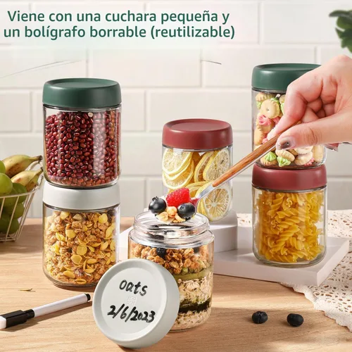 Vista 5 de DIMBRAH Recipientes de avena con tapas, tarros Mason de 16 onzas con tapas, juego de 6, práctico recipiente de avena para llevar, tarros de pudín