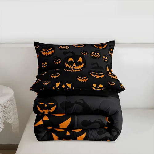 Vista 4 de Feelyou Juego de edredón de calabaza para todas las estaciones, decoración de Halloween, juego de ropa de cama con 1 funda de almohada, microfibra