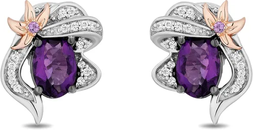 Vista 2 de Jewelili Enchanted Disney Fine Jewelry - Aretes tipo dormilona de plata de ley y oro rosa de 10 quilates con diamante blanco de 110 CTTW y amatista