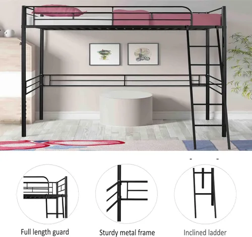 Vista 3 de Base de cama de metal tipo loft con escalera y barandilla de seguridad, marco de cama moderno de plataforma individual con espacio debajo de la cama