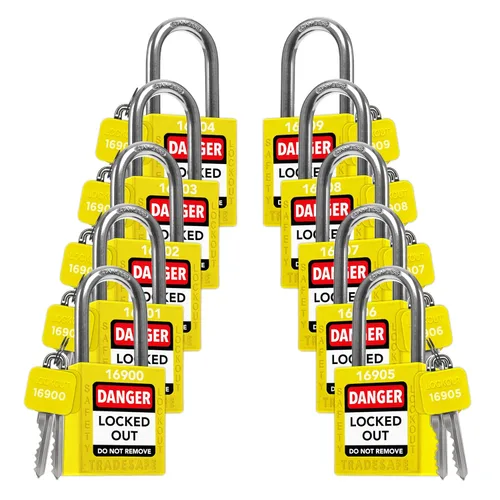 Vista 29 de TRADESAFE Juego de cerraduras de bloqueo - 7 cerraduras de loto rojas, cerraduras de bloqueo con llave diferente, 1 llave por cerradura, candados