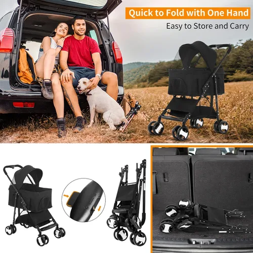 Vista 5 de BLKMTY Cochecito plegable 3 en 1 para mascotas, con 4 ruedas, con cesta de almacenamiento, con interruptor de un botón, cochecitos de viaje