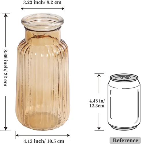 Vista 8 de Jarrón de cristal ámbar, florero acanalado de 8.7 pulgadas de alto para ramo, centro de mesa, decoración de mesa de comedor, jarrones transparentes