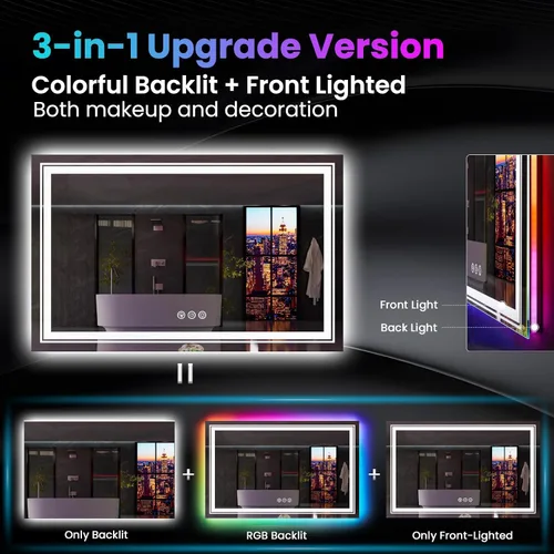 Vista 4 de Snowdool - Espejo LED para baño de 36 x 36 pulgadas con 8 luces RGB retroiluminadas + 3 luces frontales (ajustables individualmente), espejo de 3