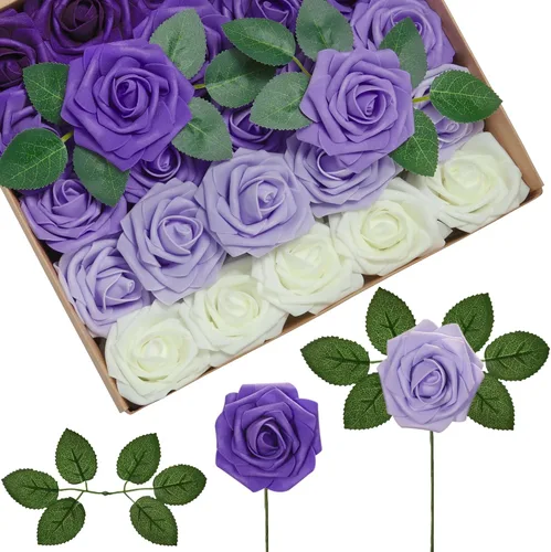 Vista 8 de InnoGear Flores artificiales, paquete de 50 unidades, rosas artificiales de espuma negras con tallos a granel para decoración, ramos de boda DIY