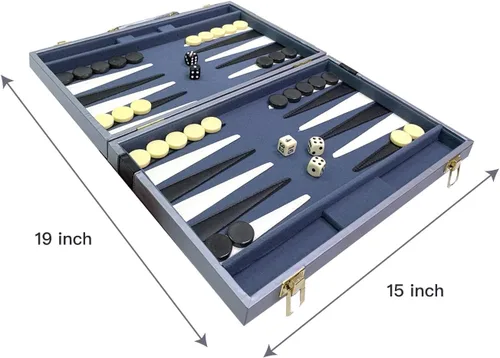Vista 3 de Sun Flair Backgammon - Juegos de mesa para adultos y niños de 15 pulgadas, juego de mesa clásico plegable con funda de piel sintética premium