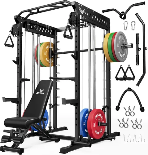 Vista 24 de JELENS M21 - Máquina Smith, jaula de potencia multifunción con sistema de cruce de cable de polea doble, banco de sentadillas todo en uno de 907 kg