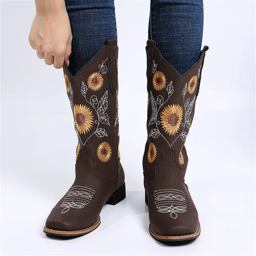 Vista 5 de Botas vaqueras bordadas con girasol para mujer, botas vaqueras con punta cuadrada, botas altas de vaquera para todas las estaciones y ocasiones