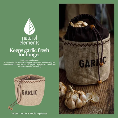 Vista 6 de Natural Elements KitchenCraft Bolsa de almacenamiento de ajo ecológico con cordón, yute / 100% algodón