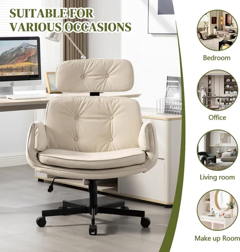 Vista 7 de Criss Cross Chair with Adjustable Armrests & Wheels & Headrest, Lounge Vanity Desk Chair with Wide Seat for Cross-Legged Sitting, Swivel Task Office