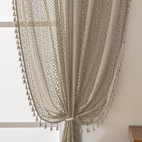 Vista 32 de WAZZIO Cortinas de Encaje, Cortina Boho de Crochet para Dormitorio, Cortinas de Café de Algodón, 45 Pulgadas de Largo, 2 Paneles con Bolsillo