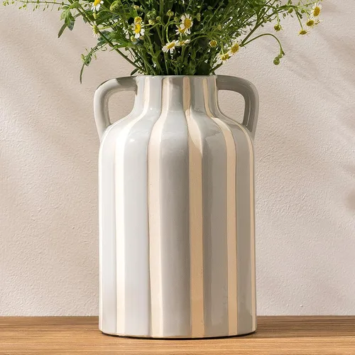 Vista 12 de Jarrón de cerámica azul y blanco con rayas a cuadros con asas, jarrones azul marino florales bohemios modernos para centros de mesa, decoración