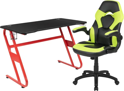Vista 73 de Flash Furniture Juego de escritorio para juegos negro y silla de carreras blanco/negro con soporte para tazas, gancho para auriculares y soporte