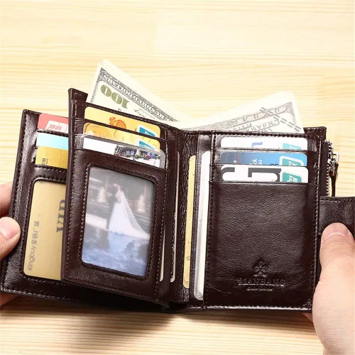 Vista 4 de JIUFENG Cartera de cuero genuino para hombre, con bloqueo RFID, plegable, con cremallera, organizador de tarjetas, recortador de dinero, Negro