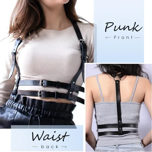 Vista 2 de Punk Waist Leather Chain Belt Harness Strappy Adjustable Body Accessories