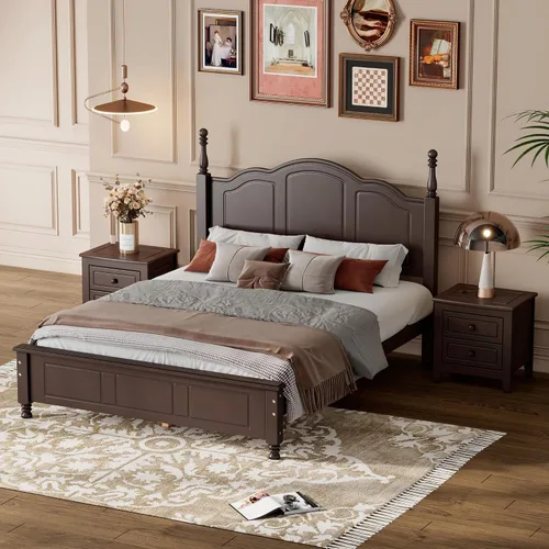 Vista 3 de Polibi Juego de dormitorio de 3 piezas con plataforma retro de tamaño matrimonial y 2 mesitas de noche, marco de cama de madera maciza con cabecera