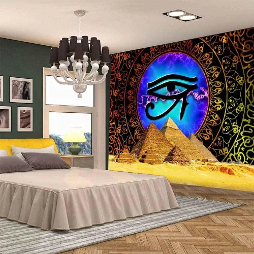 Vista 3 de Aidatain Tapiz de pirámide egipcio ojo de Horus para colgar en la pared, mandala dorado bohemio, franela de mitología antigua, tamaño grande, 80