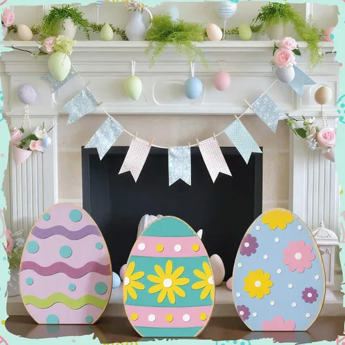 Vista 5 de GlikCeil 3 letreros de madera de Pascua de 17 pulgadas para porche, decoración rústica de bienvenida para fiestas de primavera, fiestas, jardín