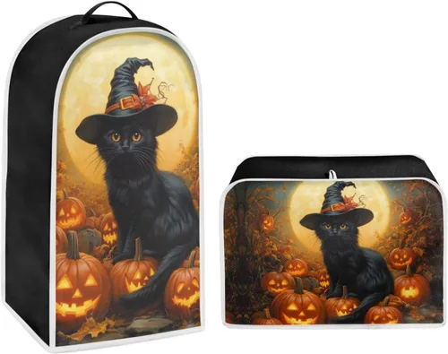 Vista 37 de Juego de fundas para tostadora y licuadora, árbol de gato negro, calabaza, casual, lavable, para cafetera, accesorios de cocina, Halloween, pequeño