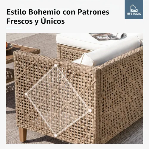 Vista 3 de MFSTUDIO Juego de muebles pequeños de mimbre para patio, sofá en forma de L, color beige