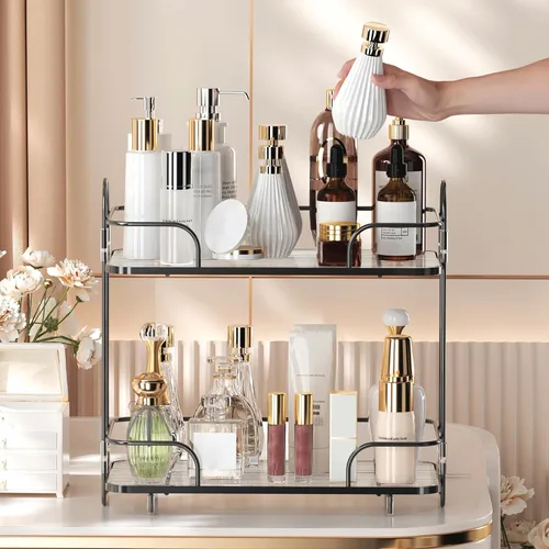 Vista 6 de Organizador de esquina de 2 niveles para encimera de baño, organizador cosmético para el cuidado de la piel, bandeja de perfume para encimera