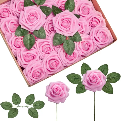 Vista 17 de InnoGear Flores artificiales, paquete de 50 unidades, rosas artificiales de espuma negras con tallos a granel para decoración, ramos de boda DIY