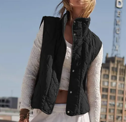 Vista 2 de Veatzaer Chaleco acolchado de gran tamaño para mujer, cuello alto, ligero, sin mangas, con botones