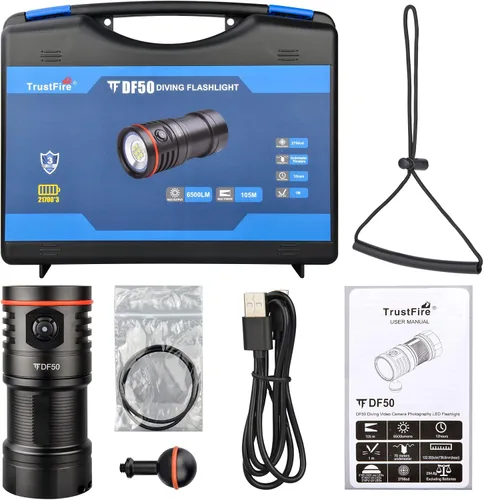 Vista 6 de TrustFire DF50 - Luz de buceo, 6500 lúmenes, cámara de video, linterna LED de buceo, linterna recargable por USB, 229.7 ft bajo el agua, súper