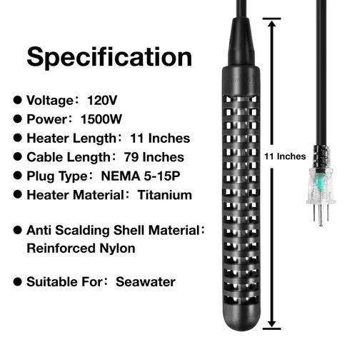 Vista 3 de GRILLME Calentador de agua de inmersión eléctrico portátil de titanio de 1500 W, calentador de agua de cubo, calentador de agua de mar para pecera