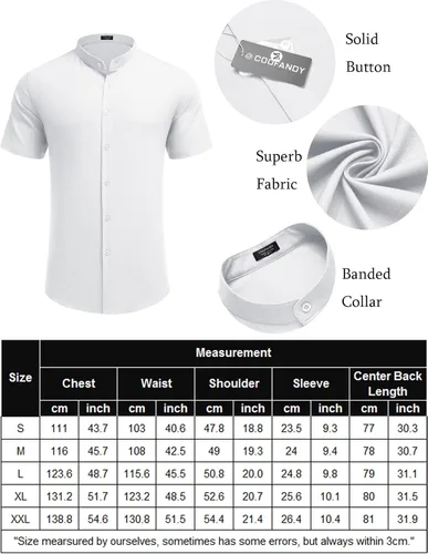 Vista 5 de COOFANDY Men's Short Sleeve Linen Shirt Band Collar Button Down Shirts Summer Beach Shirt