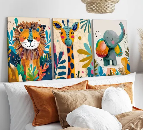 Vista 6 de 3 piezas de lienzo de animales de safari para guardería, arte de pared, lindo elefante acuarela, jirafa, león, decoración de pared, coloridos Póster