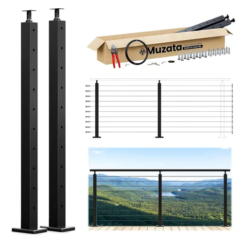 Vista 12 de Muzata Paquete de 4 postes de barandilla de cable negro de 36 pulgadas, 36 x 2 x 2 pulgadas, montaje en superficie perforada de nivel T304, kit