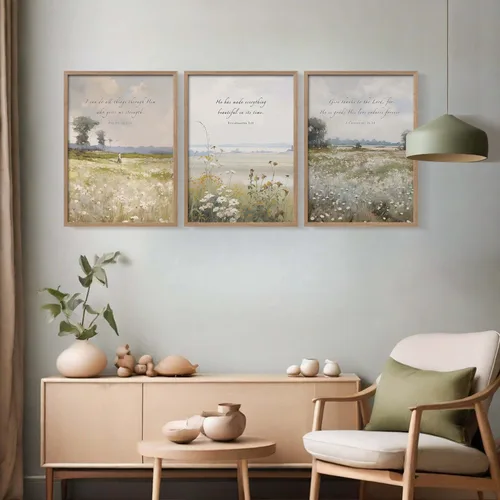 Vista 4 de 3 piezas enmarcadas de versículos bíblicos con flores, arte de pared en lienzo, impresiones inspiradoras botánicas, carteles de galería religiosos