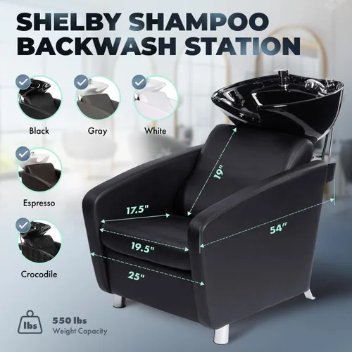 Vista 4 de Buy-Rite Shelby - Estación de lavado a contracorriente de champú, unidad profesional de lavado a contracorriente con fregadero de porcelana